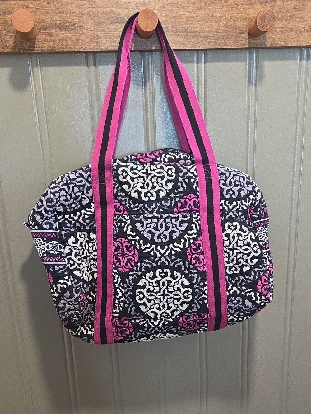 Vera Bradley Quilted Tote with Pink Straps and Black-White Pattern